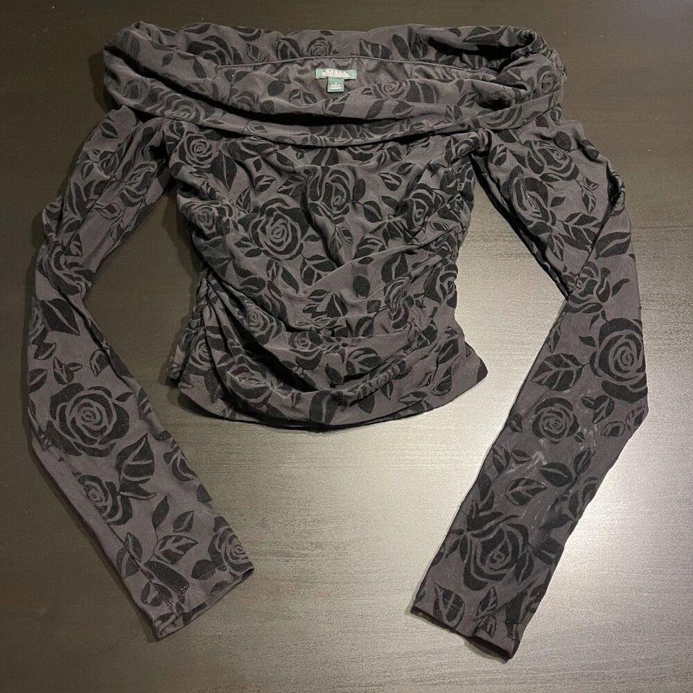 Floral Black Off-Shoulder Burnout Velvet Top – Size Small – Retro Style